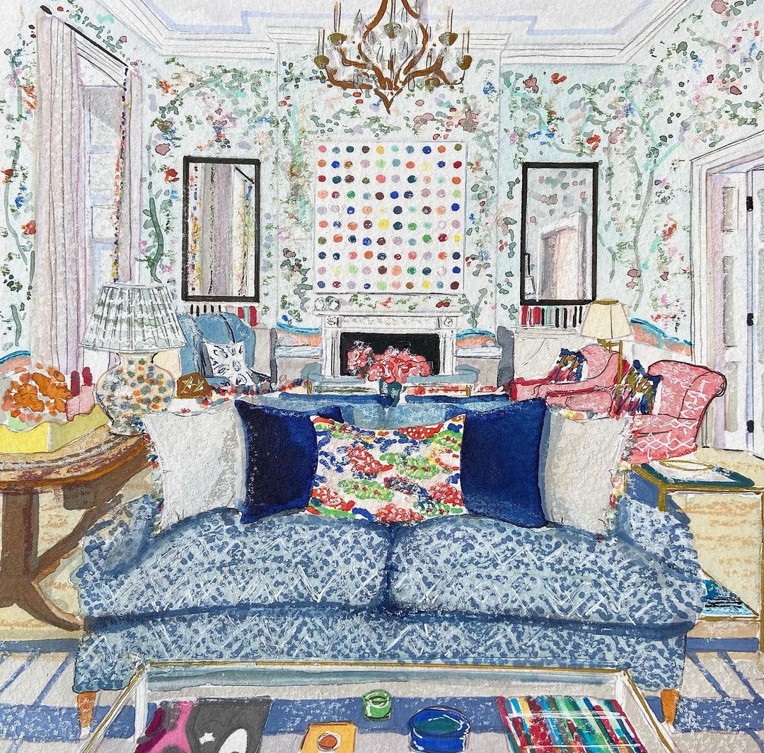 Watercolor painting of ornate living room with blue patterned sofa, floral wallpaper, and chandelier