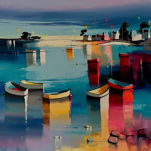 Abstract painting of colorful small boats on calm harbor water with bright reflections