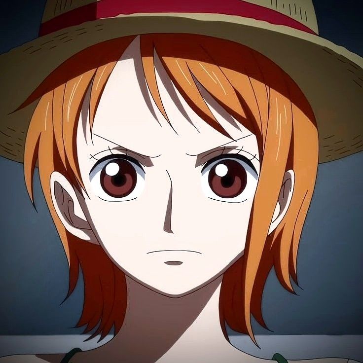 Anime portrait of Nami with orange hair and straw hat from One Piece