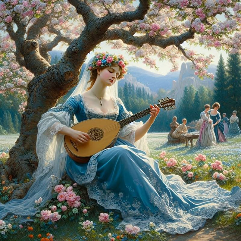 Woman in blue dress playing lute under flowering tree in pastoral landscape with lake and mountains