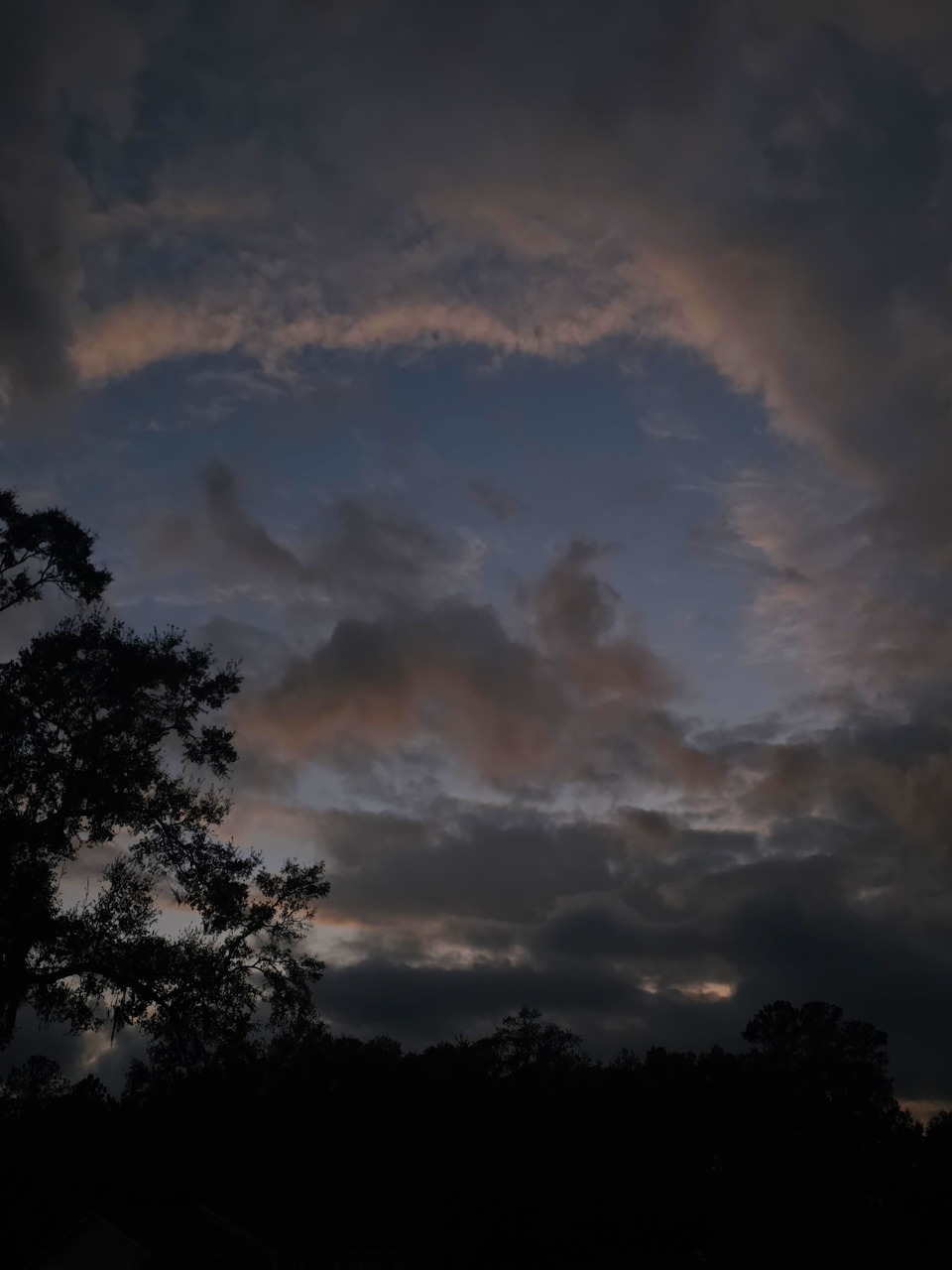 Dramatic dusk sky with dark clouds and a blue opening, silhouetted trees in foreground, Florida
