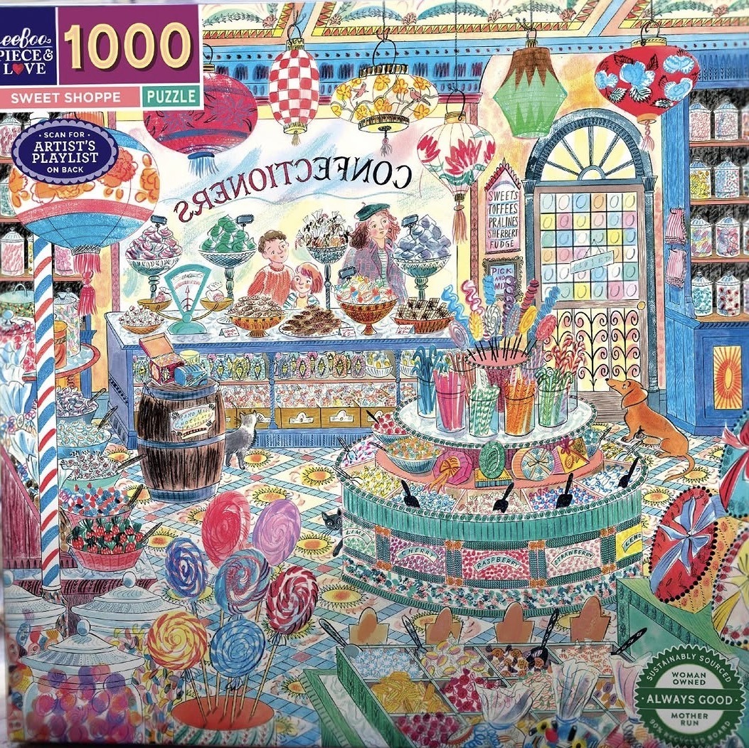 Detailed illustration of a colorful candy shop interior with sweets, lollipops, jars, and ornate decor