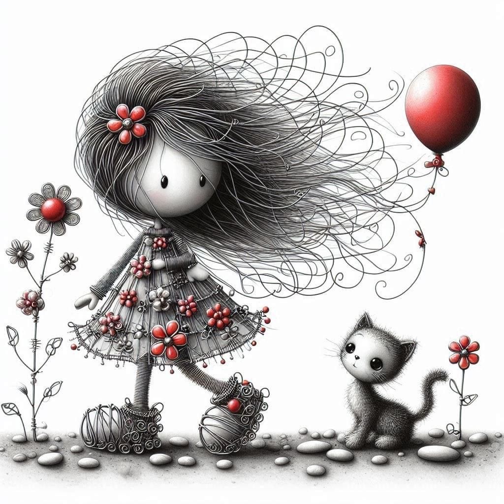 Whimsical girl with flowing hair, red balloon, flowers, and a small cat in a black-and-white illustration