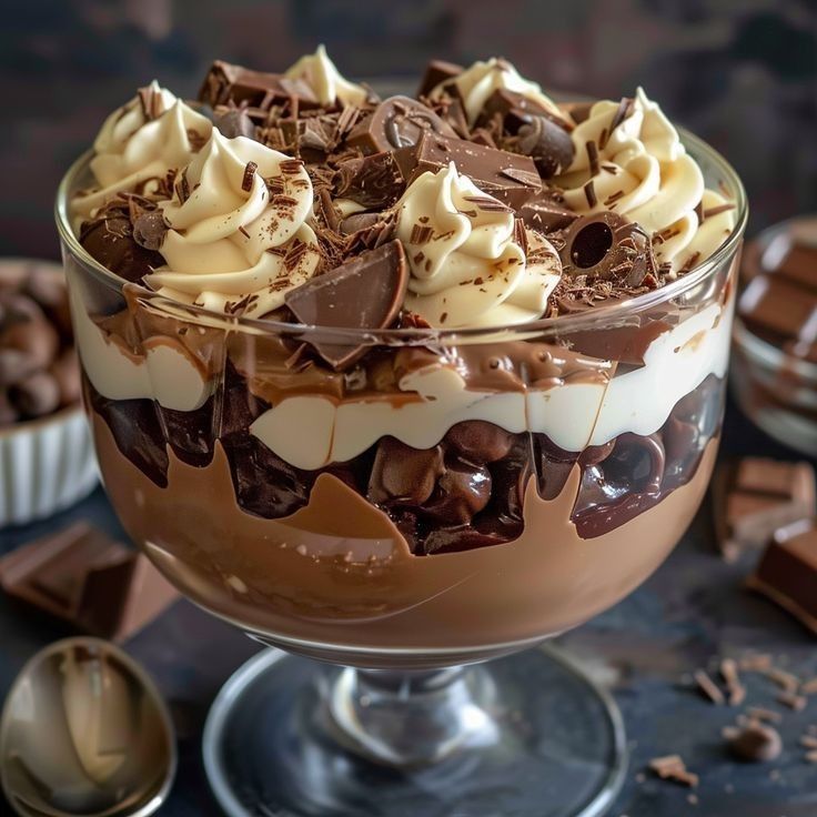 Layered chocolate trifle dessert in glass pedestal bowl with cream swirls and chocolate shavings on top