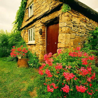 Stone Cottage with Red Geraniums