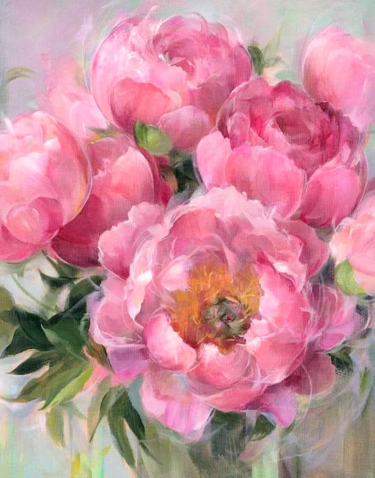 Impressionist painting of large pink peony flowers with soft layered petals and green leaves