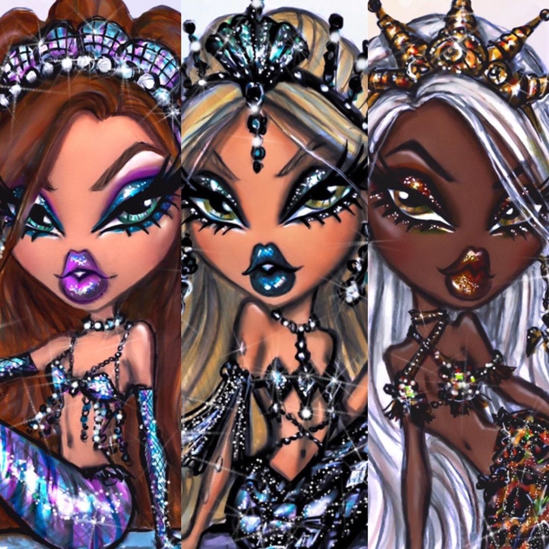 Three fashion dolls with large eyes, glossy lips, ornate headpieces and jewelry in close-up portrait