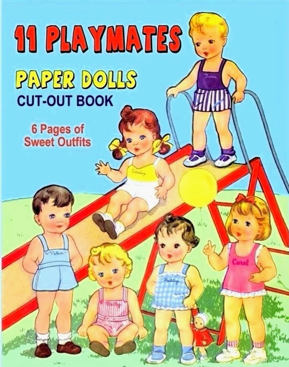 Vintage paper dolls cut-out book cover showing illustrated children in colorful outfits near a playground slide