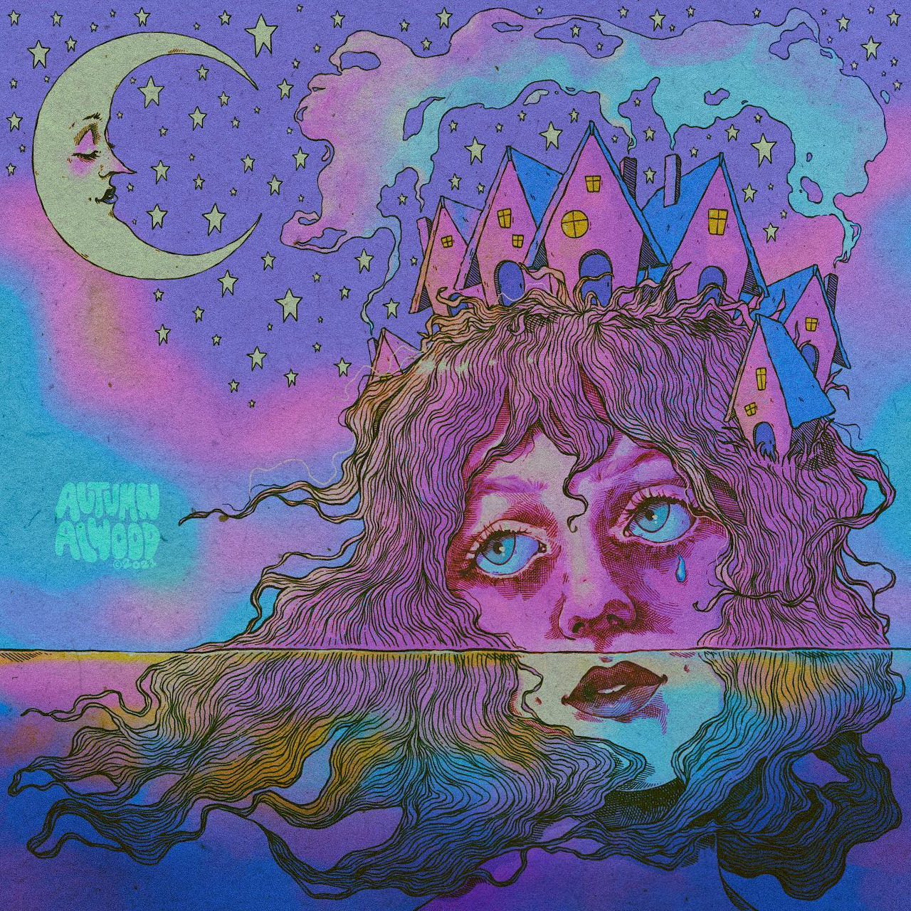 Surreal art portrait with purple hair, castle crown, crescent moon, and vibrant rainbow landscape with stars