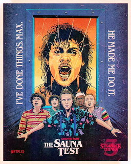 Stranger Things The Sauna Test poster with screaming figure and four teens in retro horror style