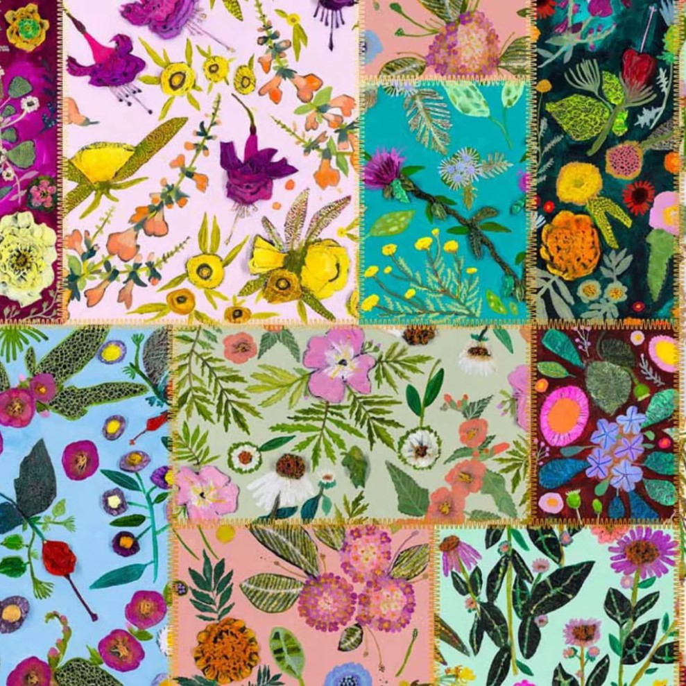 Nine-panel patchwork grid showcasing colorful floral patterns with wildflowers, butterflies, and birds in various styles