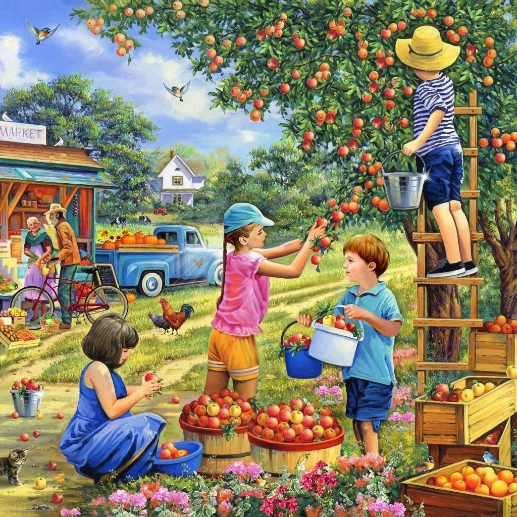 Children gathering apples in orchard with ladder, baskets of fruit, vintage truck and farmhouse in background