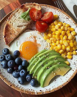 Breakfast plate with fried egg, avocado slices, corn, blueberries, tomatoes, and toast