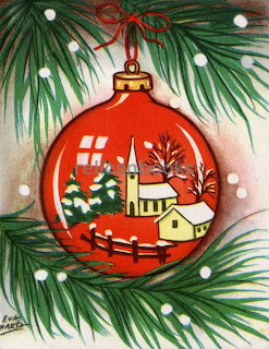 Vintage illustration of red Christmas bauble with painted winter village scene on pine branches