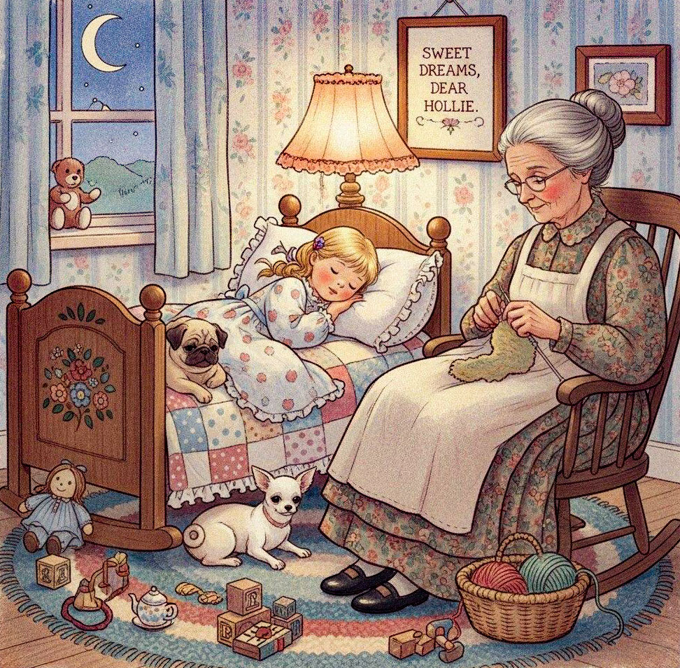 Elderly woman knitting beside sleeping child in cozy bedroom with toys on floor