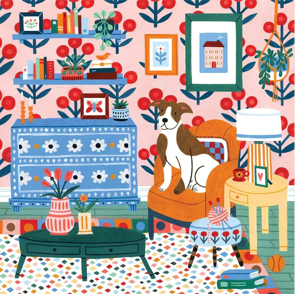 Illustrated dog on an orange chair in a colorful patterned living room with flowers, shelves, and framed art.