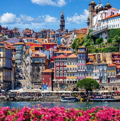 Porto, Portugal riverside with colorful historic buildings, church towers, boats on Douro River, and pink flowers