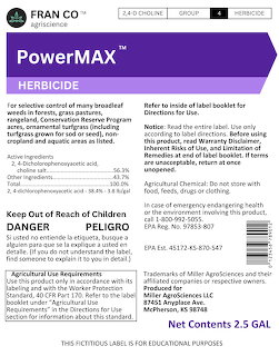 PowerMAX herbicide pesticide label with danger warning, active ingredients, and agricultural use instructions