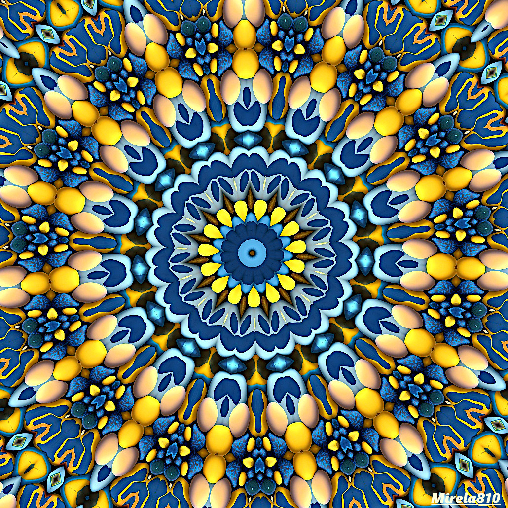 Ornate blue and yellow mandala with radial symmetry and intricate layered pattern