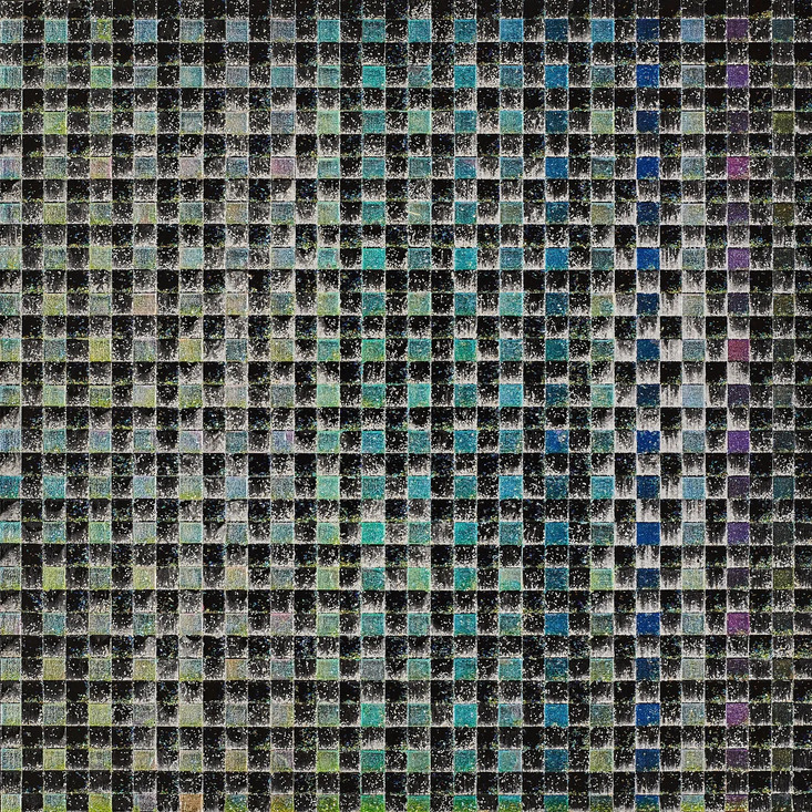 Abstract mosaic made of many tiny textured squares in gray, teal, blue, and purple