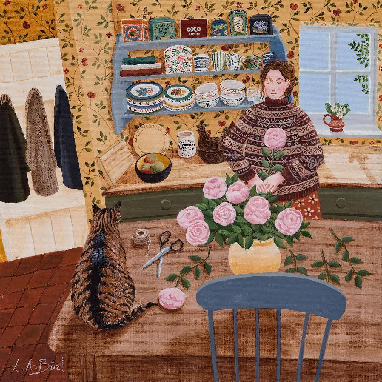 Illustration of a woman with pink roses at a wooden table in a cozy kitchen with a tabby cat