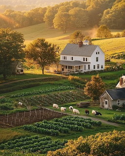White two-story farmhouse on hillside with sheep grazing in fields, golden sunset light through trees