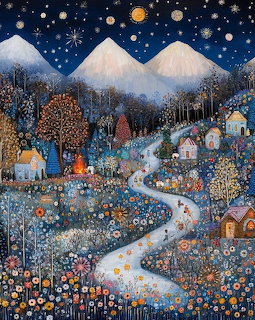Folk art painting of winter village scene with snow, lit houses, mountains and stary night sky