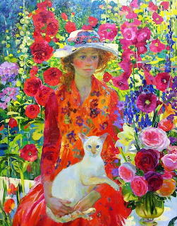 Woman with White Cat in Garden