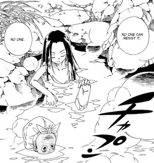 Black-and-white manga girl in a rocky hot spring with a small fish in the water
