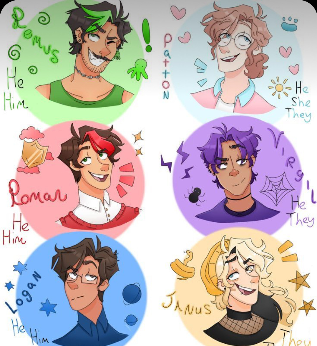 Colorful cartoon collage of six Sanders Sides characters in circular portrait frames with names and pronouns