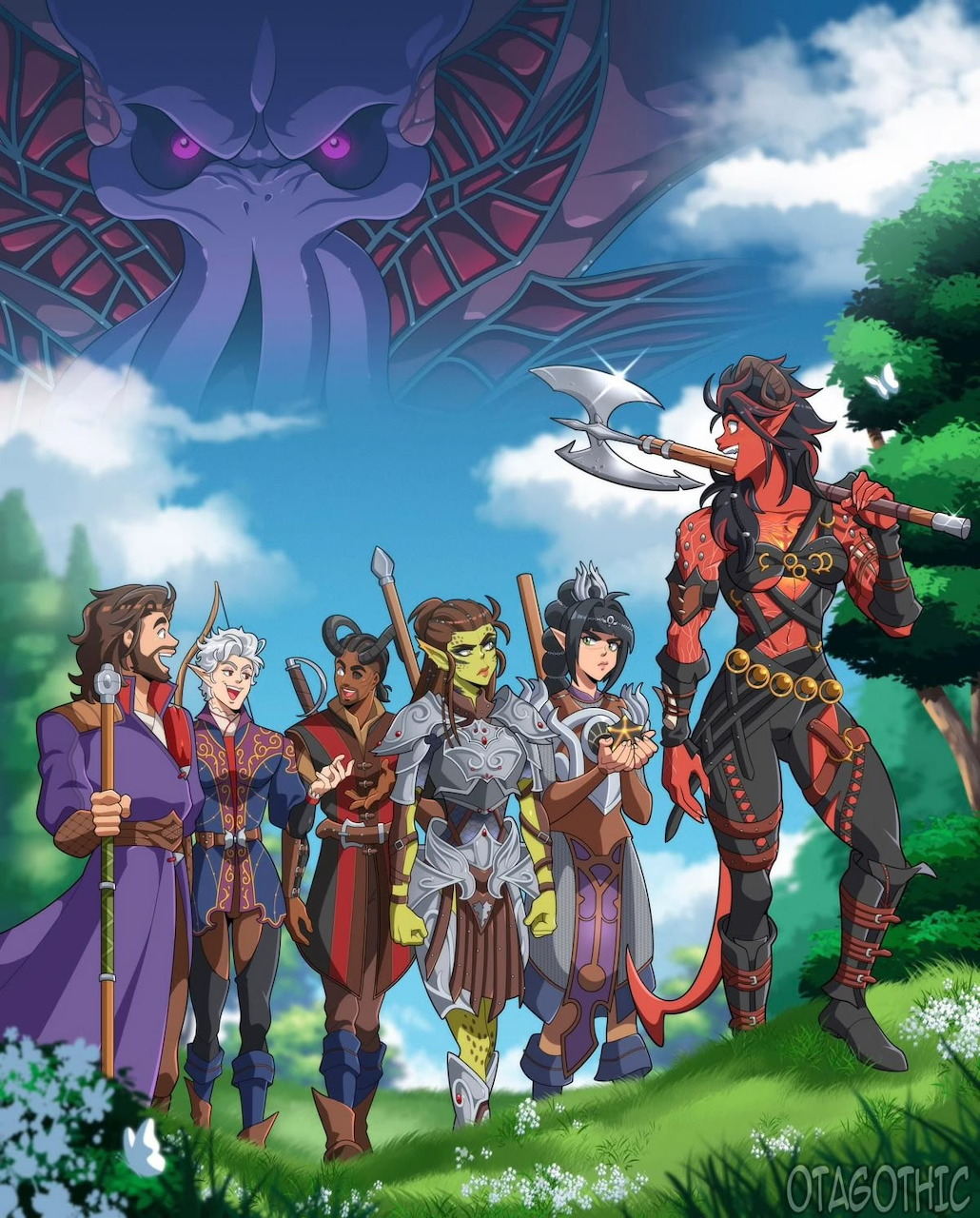 Group of fantasy adventurers with weapons facing a dark winged demon in a forest landscape