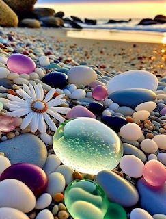 Colorful polished stones and white daisies scattered on beach sand with ocean at golden hour