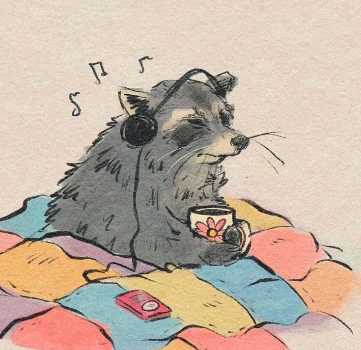 Cartoon raccoon wearing headphones and holding a flower mug on colorful cushions