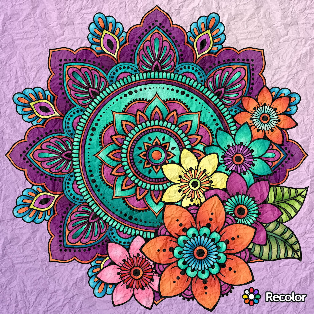 Colorful floral mandala illustration on a textured pink background