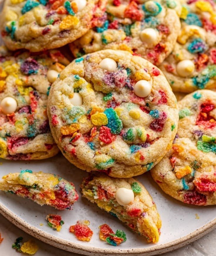 Soft sugar cookies with colorful cereal pieces and white chocolate chips on a white ceramic plate