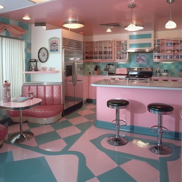 Retro pink kitchen with booth seating, pastel blue accents, and chrome bar stools