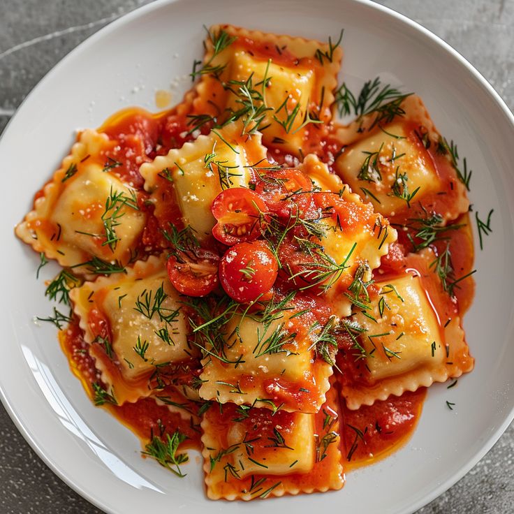 Ravioli pasta with cherry tomatoes and dill on white plate