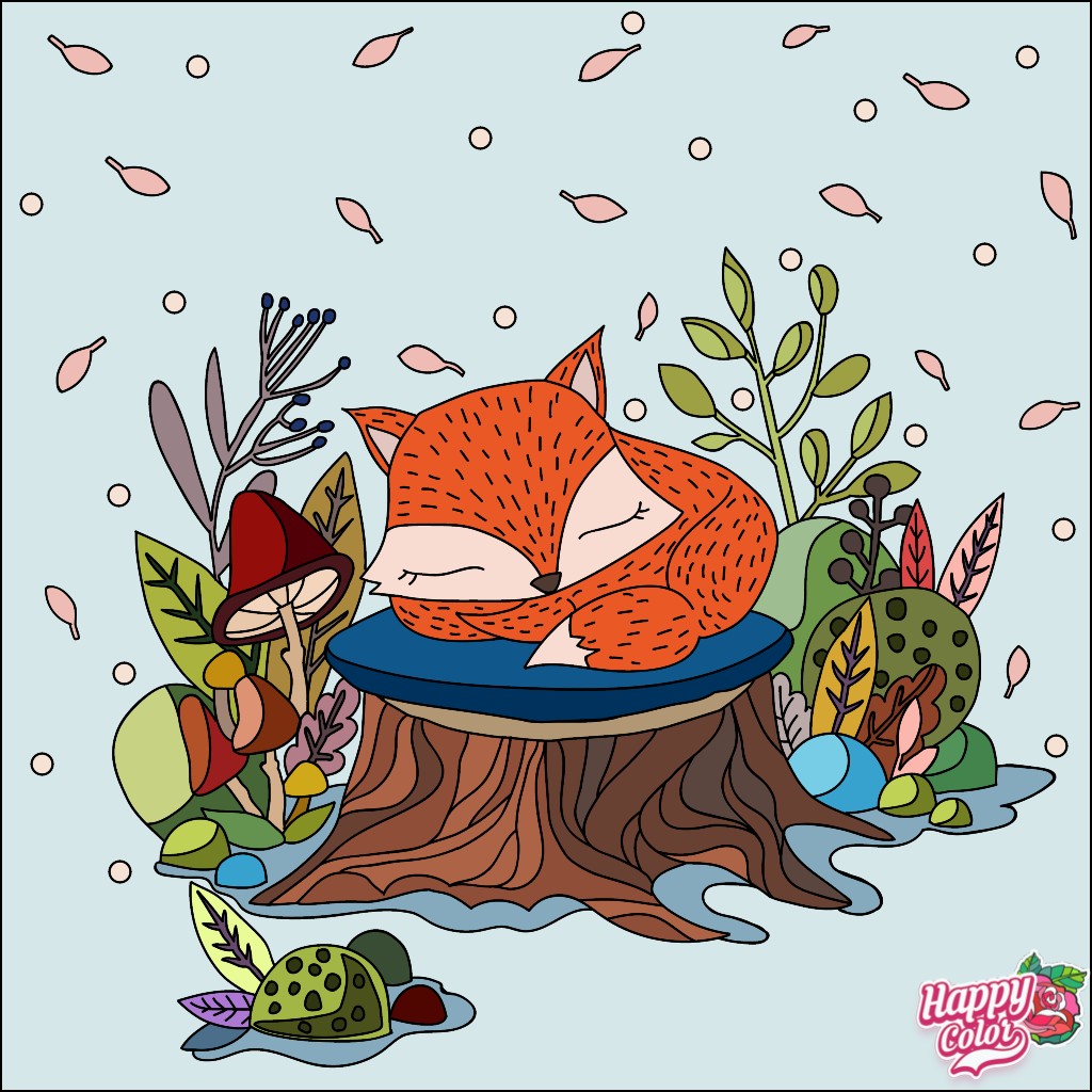 Illustrated sleeping fox curled on a tree stump with plants, mushrooms, and falling leaves