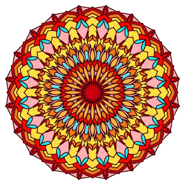 Colorful symmetrical mandala with geometric patterns in red, yellow, and blue