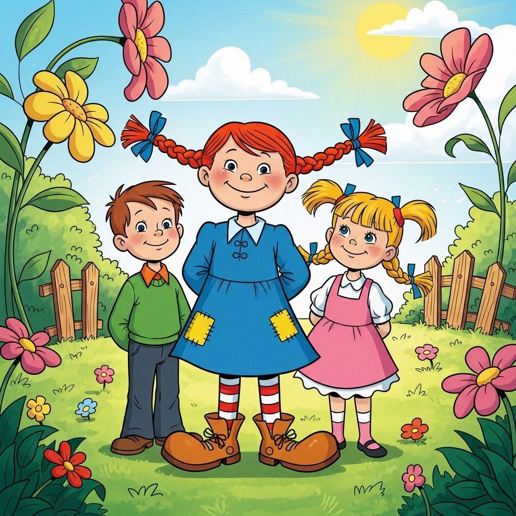 Three cartoon children standing in a garden with colorful flowers and sunny sky