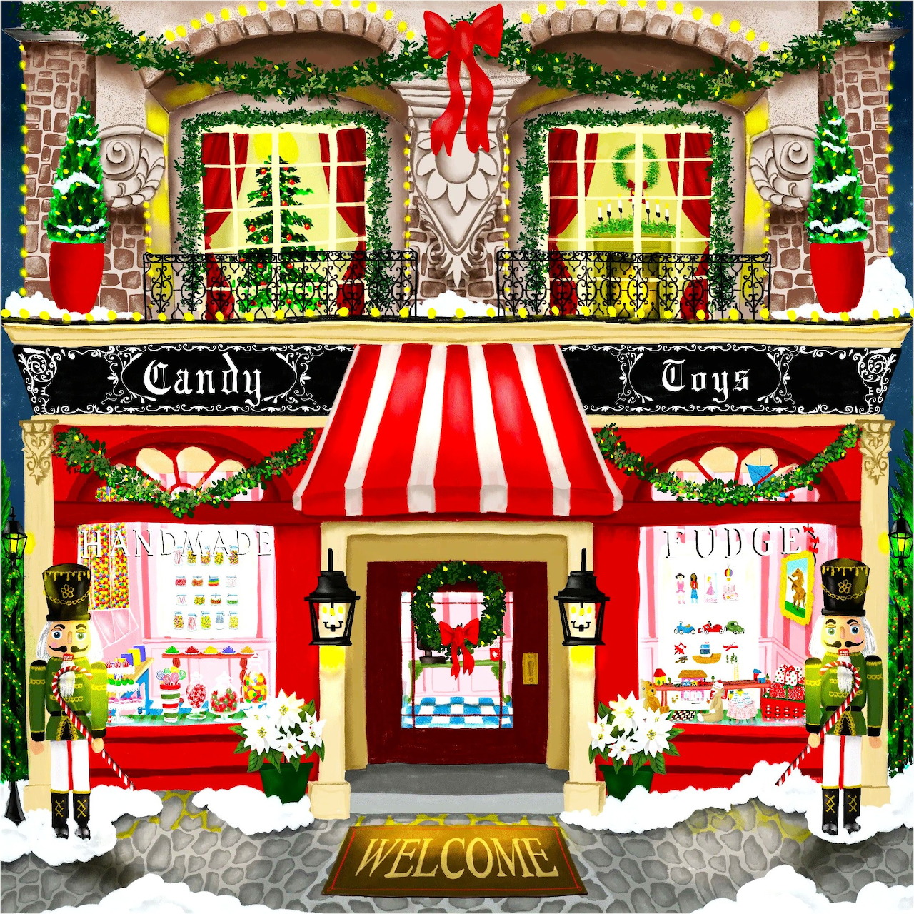 Decorated Christmas toy and candy shop with red awning, wreaths, lights, and holiday decorations