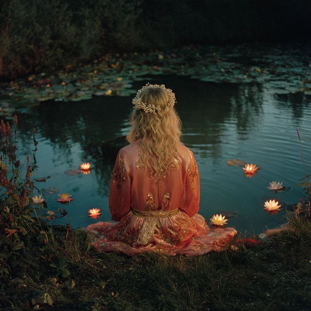Back view of a woman in a dress sitting beside a pond with floating water lilies and glowing flowers