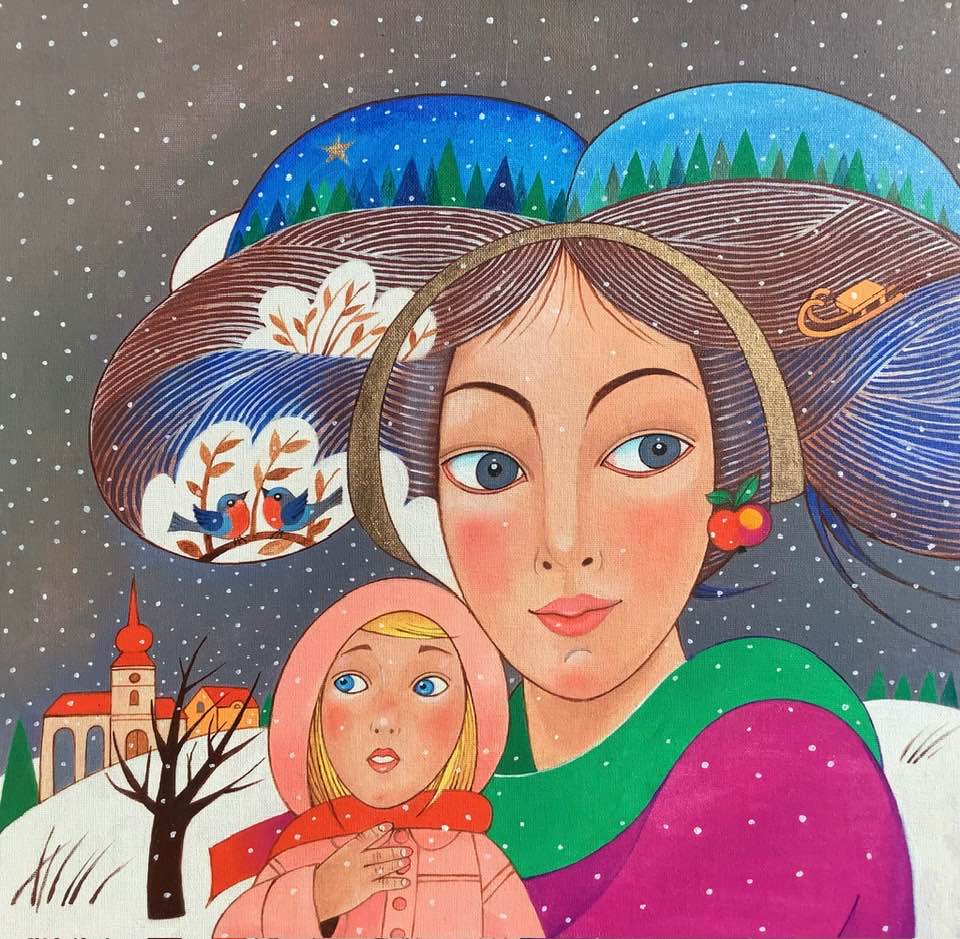 Folk art illustration of woman holding child in winter landscape with village and decorative elements