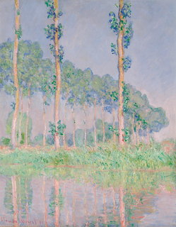 Impressionist painting of tall poplar trees reflected in calm water with pink and green tones