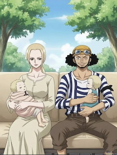 Anime characters sitting on bench with babies under trees