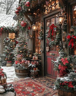 Snowy front door with Christmas wreaths, red bows, lanterns, and holiday plants