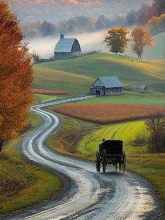 Amish bugy on a winding road through autumn countryside with barns and misty hills