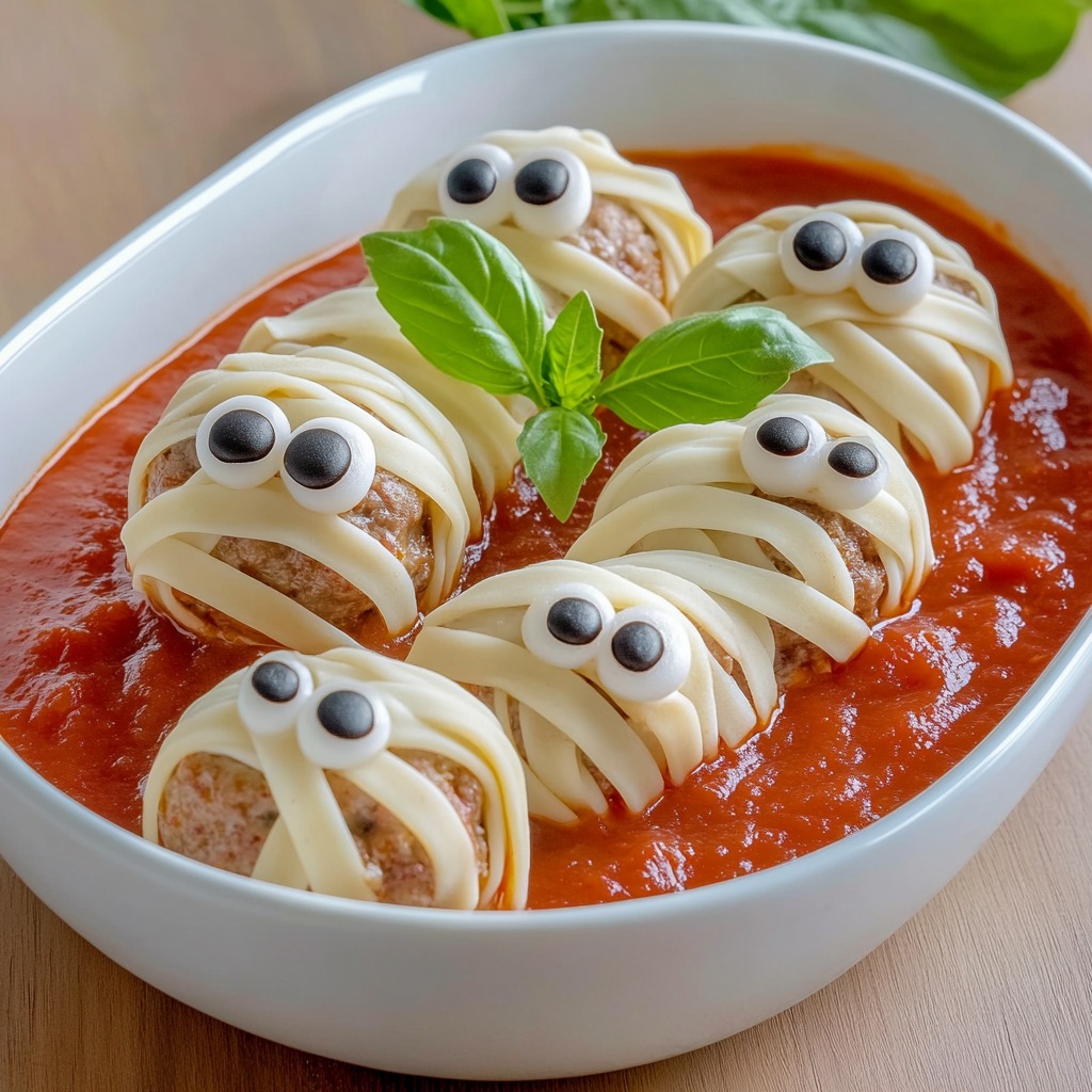 Four meatballs wrapped in pasta to look like mummies with candy eyes, sitting in red tomato sauce in a white bowl