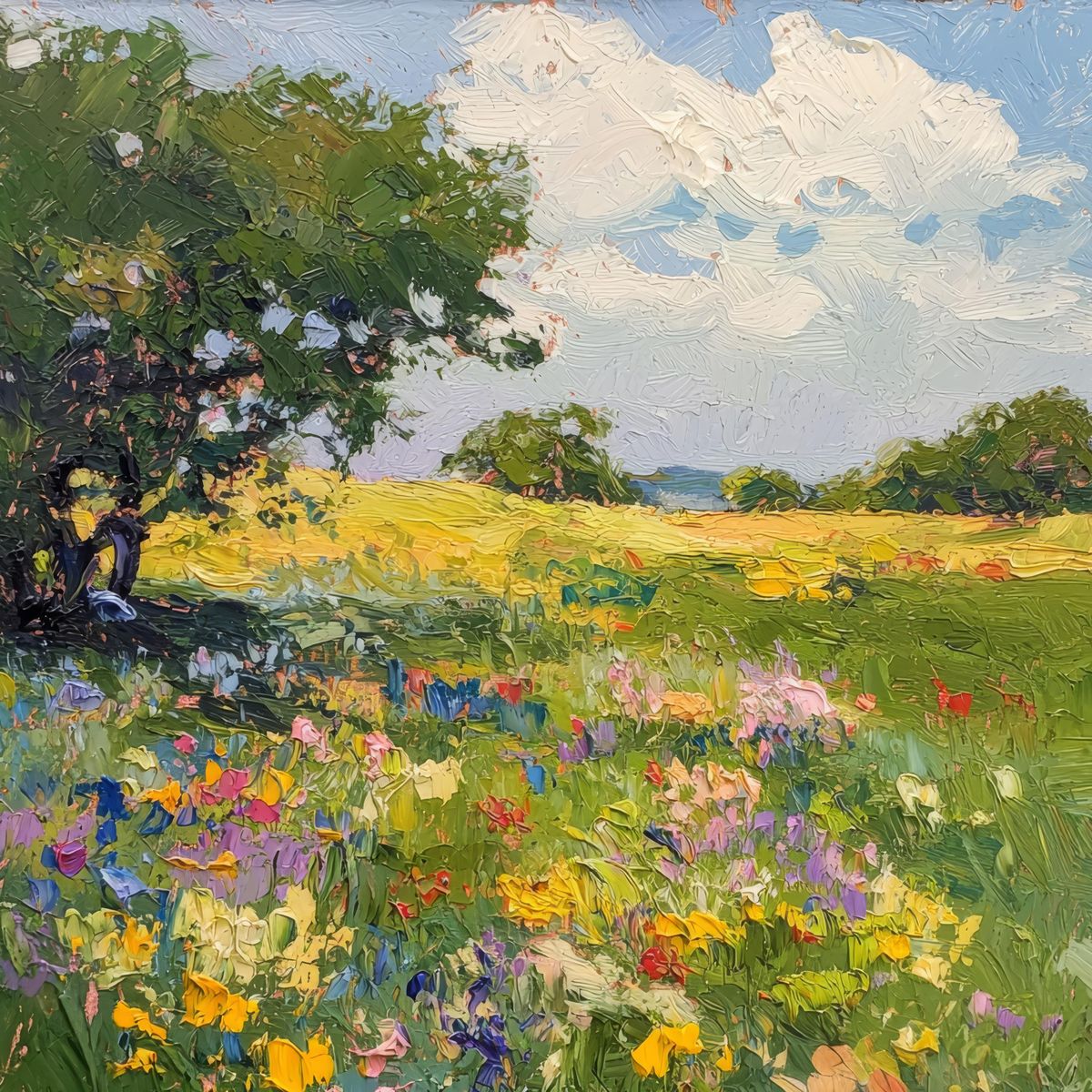 Impressionist painting of a flower-filled meadow with a tree and cloudy blue sky