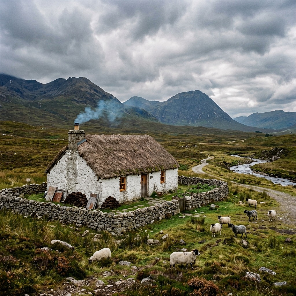 White stone cottage with thatched roof in Scottish Highland landscape with mountains and dramatic cloudy sky
